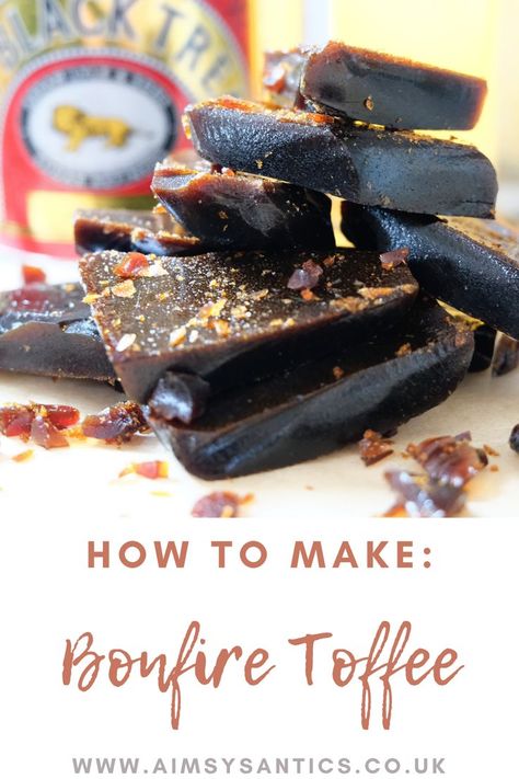 See how to make delicious bonfire toffee aka treacle toffee with this easy bonfire toffee recipe. A dark bitter-sweet treat to enjoy! Bonfire Snacks, Bonfire Toffee, Bonfire Food, Treacle Toffee, Bonfire Night Food, Homemade Wine Recipes, Easy Toffee, Toffee Recipe, Homemade Wine