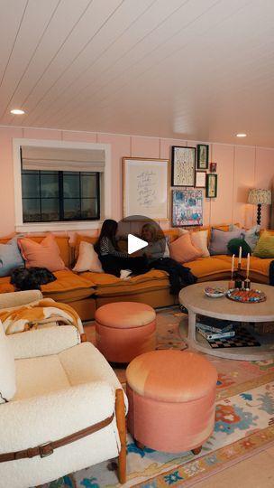 1.1M views · 7K reactions | We maximized this narrow dark basement with pink walls and a new marigold sectional! ✨Comment BASEMENT for sources! Since we needed furniture for our cabin we decided to take the sofas we had in here to our cabin and get more seating in here. What movie should we watch?? | Nesting with Grace Bungalow Remodel, Dark Basement, Nesting With Grace, We Watch, Pink Walls, Room Set, Bungalow, Basement, Family Room