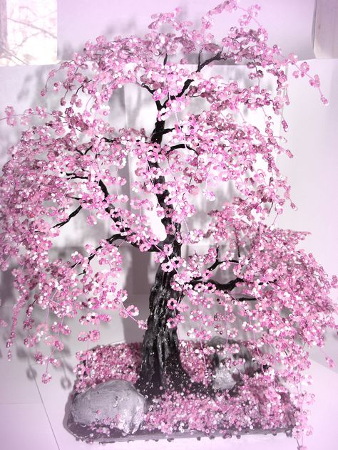 Bonsai Beaded Tree Home Decor - Sakura | Flickr - Photo Sharing! Cherry Blossom Bonsai Tree, Beaded Tree, French Beaded Flowers, Wire Tree Sculpture, Folding Origami, Wire Trees, Wire Tree, Tree Sculpture, Craft Lovers