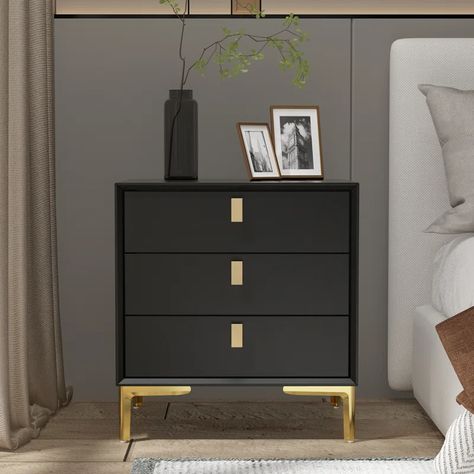 Everly Quinn Nightstand & Reviews | Wayfair Black And Gold Nightstand, Black Side Table Bedroom, Inset Drawers, Designed Bedroom, Brown Nightstands, Metal Nightstand, Black Nightstand, Masculine Bedroom, Impressions Vanity