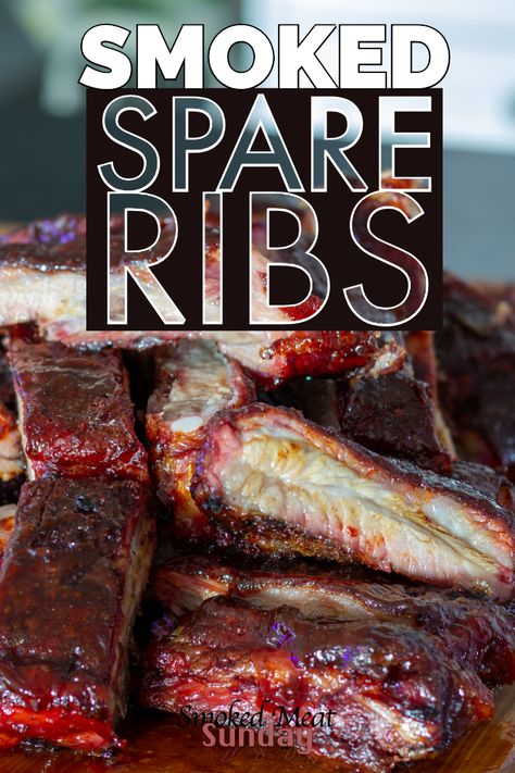 BBQ Smoked Spare Ribs are one of my favorite bbq recipes. The smoke process creates an amazing bark, and the glaze we use to finish these ribs takes the flavor over the top.  No need for the 3-2-1 method here. These ribs are AMAZING.  #bbq # smokedribs #Traegerrecipes #smokedmeat #pelletgrill #smokerrecipe #ribs Pork Spare Ribs Traeger, Smoked Spare Ribs In Electric Smoker, Smoked Pork Spare Ribs In Pellet Smoker, Spare Ribs On Pellet Grill, Spare Ribs On The Smoker, Spare Ribs Smoker Recipes, Pork Spare Ribs Smoker Recipes, Smoked Spare Ribs In Smoker, Spare Ribs Smoker