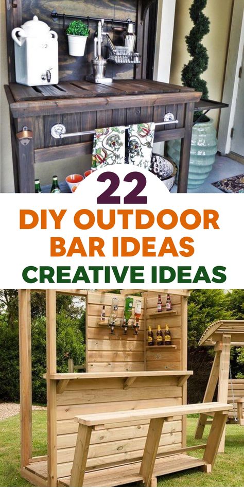 Elevate your outdoor entertaining game with these creative DIY bar ideas! Transform a wooden pallet into a charming rustic bar by sanding, staining, and adding a reclaimed wood countertop. Incorporate hooks and shelves for glassware and accessories. Another option is to construct a sturdy cinder block bar with a wooden plank top – customize the height and finish to match your outdoor decor. Cinder Block Bar, Diy Outdoor Bar Ideas, Diy Bar Ideas, Flies Trap Diy, Reclaimed Wood Countertop, Fruit Fly Trap Diy, Outdoor Bar Ideas, Wine Barrel Bar, Diy Bird Cage