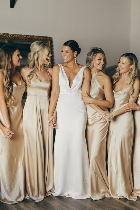 Classic Elegant Wedding Bridesmaid, Satin Wedding Dress Bridal Party, Gold Satin Bridesmaids Dresses, Silky Champagne Bridesmaid Dresses, Bridesmaids Dresses Champagne Color, Champagne Azazie Bridesmaid Dresses, Gold Dress For Bridesmaids, Maid Of Honor Dresses Champagne, Silk Gold Bridesmaid Dresses