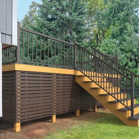 Patio Balustrade Ideas, Unique Deck Railing Ideas, Low Deck Designs, Deck Skirt, Balustrade Ideas, Deck Skirting Ideas, Deck Staircase, Deck Handrail, Skirting Ideas