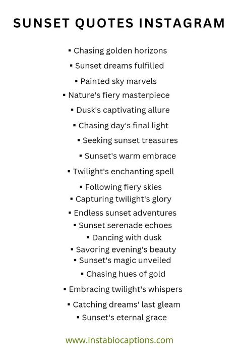 Capture the beauty of dusk with inspiring sunset quotes for your Instagram feed. 🌅 Embrace the breathtaking hues and profound reflections as you immerse yourself in the magic of sunsets. 🌇 Let these soul-stirring quotes paint your captions with warmth and wonder. Share the splendor of nature's farewell with your followers! #SunsetQuotes #InstagramCaptions #SunsetMagic Sunset Reflection Quotes, Immerse Yourself Quotes, Capture Quotes Photography Words, Sun Slapped Captions, Quotes On Sunset Beauty, Sunset Short Captions, Short Quotes About Sunsets, Soulful Captions, Painting Captions Instagram