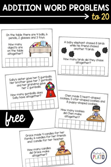 Addition word problems are a great way to practice solving equations using real world examples. Use these addition to 20 word problem cards as a math center, brain break or small group activity. Kinders and Grade 1 kids will love problem solving and teachers will love the easy prep! #wordproblems #mathstrategies #addition Math Story Problems First Grade, Kindergarten Math Word Problems, Addition Word Problems Kindergarten, Addition To 20 Activities, Story Problems Kindergarten, Kindergarten Word Problems, Math Writing Prompts, Word Problems Kindergarten, Free Math Centers