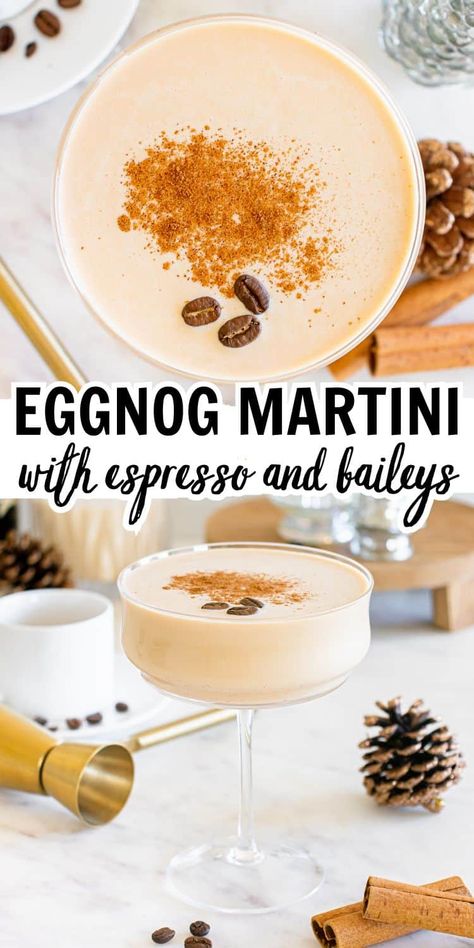 This espresso eggnog martini is the perfect holiday cocktail recipe to make at home. Made with espresso, eggnog, rum and baileys, the result is a super delicious party cocktail drink you will love. If you're looking for tasty spiked eggnog cocktails, this is one to try! Baileys Eggnog Recipe, Eggnog Alcoholic Drinks, Eggnog Martini Recipe, Healthy Coffee Smoothie Recipes, Eggnog Cocktails, Easy Coffee Drinks Recipes, Eggnog Martini, Alcoholic Eggnog, Eggnog Drinks