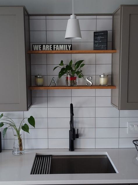 One Wall Kitchen No Window, Off Centered Kitchen Sink Window, No Window Over Sink Ideas, Fake Kitchen Window Over Sink, Fake Window Above Kitchen Sink, Sink No Window Kitchen, Kitchen Shelving Ideas Above Sink, Space Above Sink Kitchen No Window, Sink Wall Kitchen