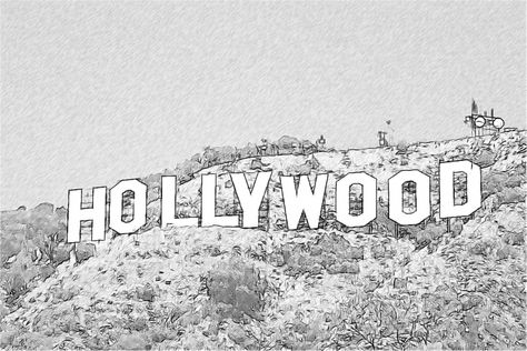 Hollywood Drawing Hollywood Graphic Design, Hollywood Drawing, Draw A Character, School Banner, Hollywood Sign, White Backdrop, Hollywood Studios, Color Pencil Drawing, A Character