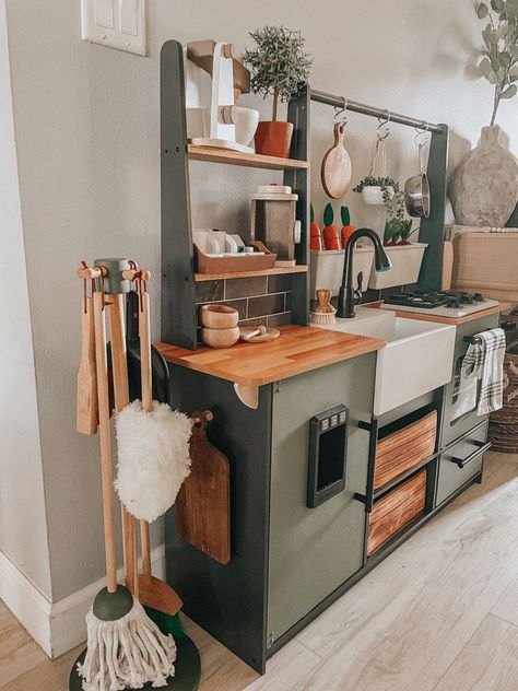 Play Kitchen Area Ideas, Kids Kitchen Table, Indoor Play Kitchen, Kitchen In Playroom, Kidkraft Farm To Table Kitchen Makeover, Refurbished Play Kitchen, Play Kitchen In The Kitchen, Toddler Kitchen Makeover, Diy Play Kitchen Makeover