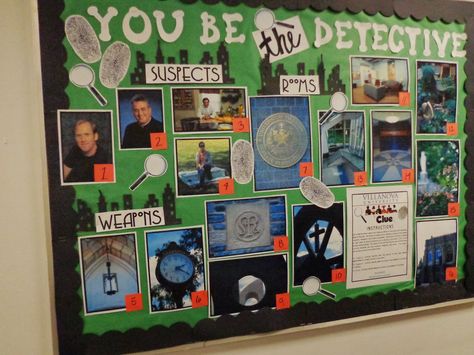 A Clue themed Bulletin Board! Maybe for Halloween? Mystery Unit, School Library Bulletin Boards, School Countdown, Science Bulletin Boards, Detective Theme, Clue Board Game, Book Club Parties, Clue Party, Halloween Themes Decorations