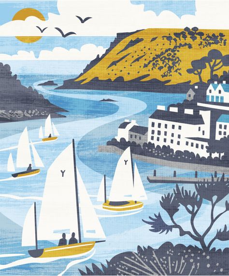 Sea Illustration Art, Boat Illustration, Sea Illustration, Seaside Art, Linocut Art, Seasalt Cornwall, Landscape Illustration, Sailboats, Linocut Prints