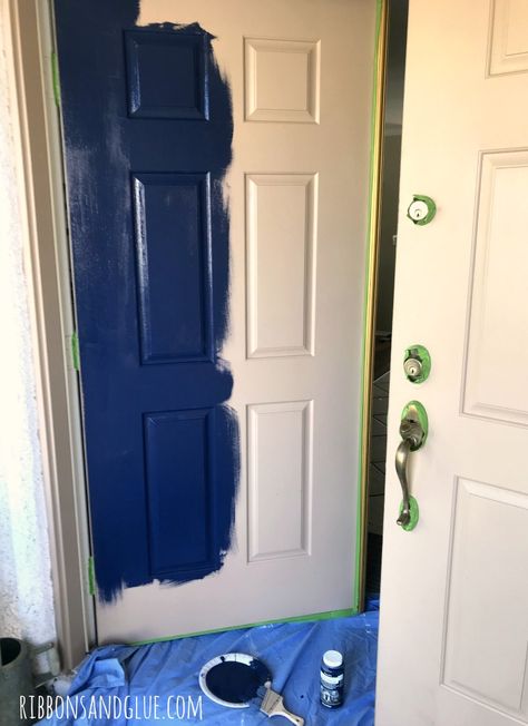 Front Door Makeover Front Door Navy Blue, Navy Blue Doors Front Entrance, Hale Navy Exterior Door, Navy Blue Composite Front Door, Front Door Navy, Change Front Door Color Temporary, Navy Blue Front Door, Outdoor Farmhouse Decor, Navy Front Door Lowe's