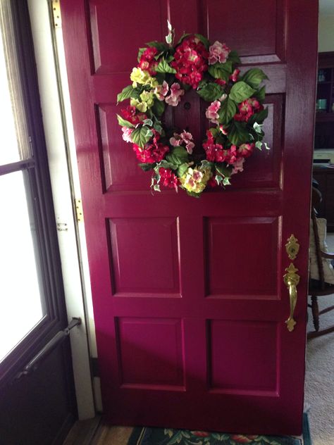 Updated old front door with this beautiful fushia paint. Just need to paint the hardware matte black Cranberry Front Door, Raspberry Front Door Colors, Berry Front Door, Dark Pink Front Door, Deep Pink Front Door, Fuchsia Front Door, Raspberry Front Door, Magenta Front Door, Bright Pink Front Door