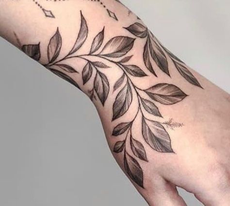 Leaf Filler Tattoo Design, Vine Tattoo Filler Ideas, Wrist Plant Tattoo, Vine Leaves Tattoo Arm, Foliage Tattoos, Leaf Sleeve Tattoo, Leaf Vine Tattoo Around Arm, Leafy Arm Tattoo, Wraparound Leaves Tattoo