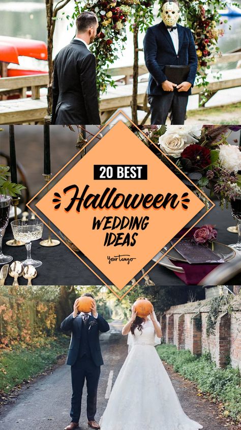 When you're an untraditional couple, coming up with wedding ideas and themes can be a bit difficult. But if you're both spooky, throwing a Halloween wedding may be just the right theme for you. #halloween #wedding #weddingideas Halloween Wedding Ideas Dresses, Costume Party Wedding Reception, Spooky Wedding Nails, Halloween Wedding Bridesmaids, Costume Party Wedding, Halloween Wedding Ideas Diy, Halloween Wedding Costumes, Wedding Halloween Theme, Wedding Halloween Costumes