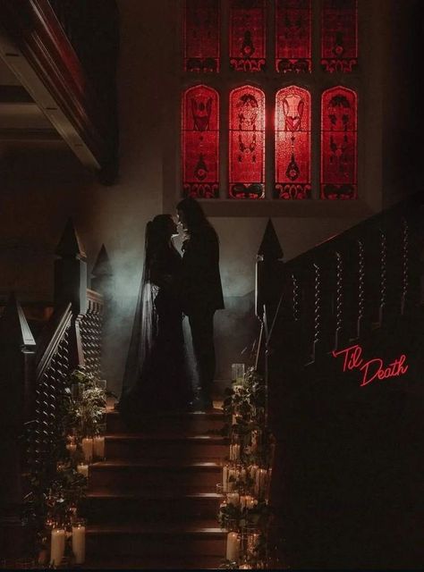 Vampiric Wedding, Grimm Aesthetic, Tattooed Couple, Dark Romantic Wedding, Gothic Wedding Theme, Vampire Wedding, Dark Wedding Theme, Goth Wedding, Dark Wedding