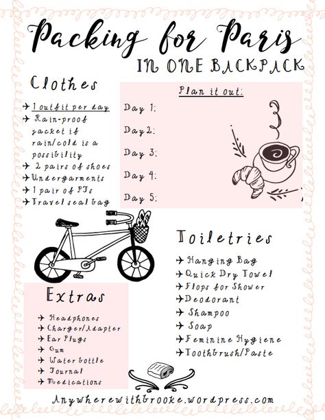 FREE printable packing list for Paris, France! The full post on how to dress like a local in Paris, France is at www.AnywhereWithBrooke.wordpress.com Packing List For Paris, Cute Packing List, Free Printable Packing List, Paris Summer Outfits, Paris Packing List, Paris In December, Paris Trip Planning, What To Pack For Vacation, Paris Journal