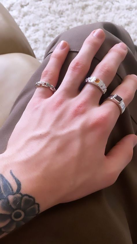 Hand Pictures Men, Ftm Style, Rings Aesthetic Men, Boy Rings, Tanner Reese, Hand With Ring, Hands With Rings, Veiny Hands, Guy Jewelry