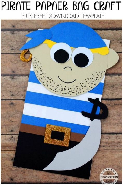 Pirate paper bag craft. Paper Bag Pirate Puppets Kids Will Love · The Inspiration Edit This is a fabulous Preschool Craft or paper bag craft idea for little ones. Get creative with this Pirate Idea for Kids and fantastic for a themed pirate party. #Piratecraft #paperbagcraft #pirate #craftsforkids #craftideas #kidsactivities #kidscraft #preschool #kindergarten #pirateparty #partyideas #partyfavors #pirateparty Pirate Template, Ecse Classroom, Pirate Craft, Puppet Printable, Homemade Pirate Costumes, Puppet Template, Flower Making Crafts, Bag Puppet, Pirate Activities