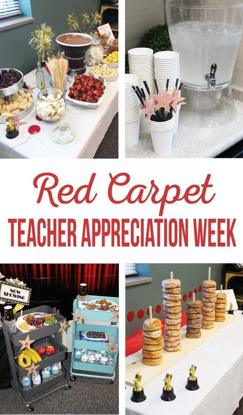 Red Carpet Teacher Appreciation, Pta Activities, Teacher Appreciation Lunch, Teacher Appreciation Week Themes, Teacher Appreciation Luncheon, Teacher Appreciation Themes, Teachers Week, Staff Appreciation Week, Coffee Gift Basket