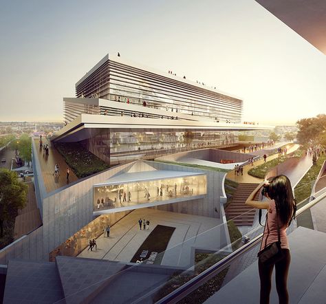 Gallery of TheeAe Unveils a Triangular Proposal for Australia’s Ryde Civic… Podium Building, Podium Facade, Car Showroom Architecture, Mall Architecture, Green Roof System, Architecture Drawing Presentation, Building Development, Eco City, Parametric Architecture