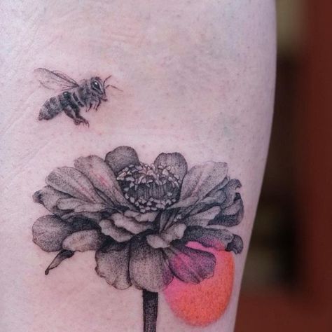 Zenia Flower Tattoo, Echinacea Tattoo Design, Zinnia Tattoo Ideas, Cone Flower Tattoo, Zinnia Flowers Tattoo, Zinnia And Butterfly Tattoo, Drawing Zinnias, Zinnia Tattoo, Flowers Bees Butterflies Tattoo