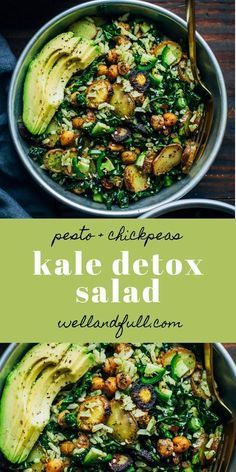 This kale detox salad is the perfect meal for a cleanse, made with whole, real ingredients. Made with a carrot top pesto and roasted vegetables. Friendsgiving Salad, Avacodo Salad, Potatoes And Avocado, Kale Detox Salad, Pesto Salad Recipes, Pesto Rice, Diy Salad, Salad With Chickpeas, Pesto Recipes