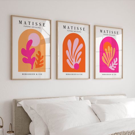 Elevate your space with this vibrant Set of 3 Matisse Prints in Pink & Orange. These colorful wall art pieces bring a funky, preppy aesthetic to any room, making them perfect for apartments, college dorms, and girls' rooms. The bold pink and orange hues create a trendy triptych that adds a burst of energy and style to your decor. Ideal for anyone looking to infuse their space with personality and contemporary flair, these prints are versatile and can seamlessly fit into various decor styles. Whe Orange And Pink Living Room Decor Ideas, Bathroom Decor Pink And Orange, Pink Orange Yellow Room Decor, Pink Orange Decorations, Orange Toned Bedroom, Pink Orange Wall Art, Pink And Orange Interior Design, Pink And Orange Room Ideas, Red And Pink Aesthetic Room Decor