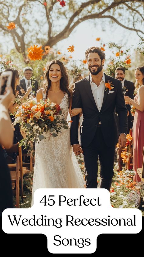 A couple joyfully walking down the aisle during their wedding recessional, accompanied by smiling guests and vibrant decorations, celebrating their new beginning with perfect wedding recessional songs. Ceremony Exit Songs, Recessional Wedding Songs, Wedding Ceremony Exit Songs, Wedding Songs List, Wedding Exit Songs, Wedding Recessional Songs, Wedding Recessional, Songs Ideas, Wedding Song List