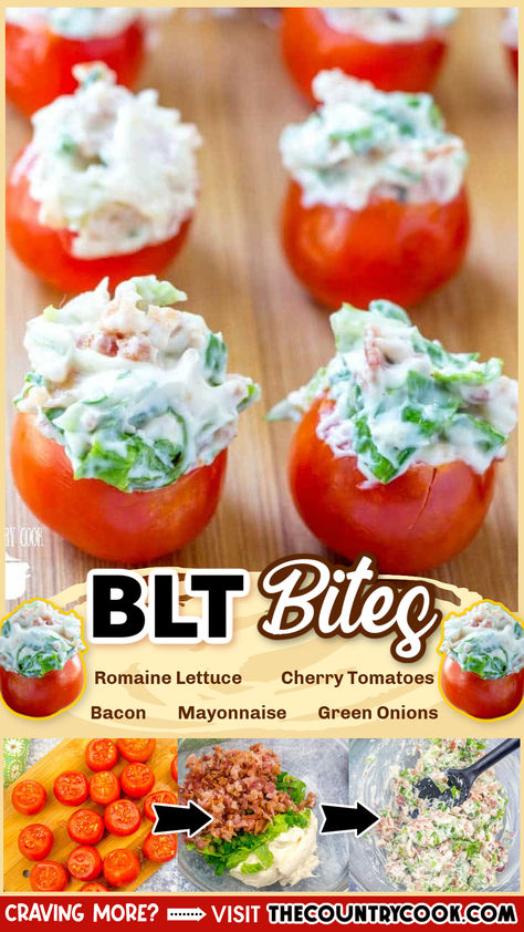 These BLT Bites are tomatoes stuffed with bacon, lettuce in a creamy filling. It tastes just like your favorite BLT in a delicious, low carb appetizer! Blt Stuffed Cherry Tomatoes, Blt Tomato Bites, Bbq Appetizers Easy, Mini Blt Appetizers, Bachelorette Appetizer Ideas, Blt Appetizer Bite Size, Mini Blt Bites, Tea Party Appetizers, Blt Bites Appetizers