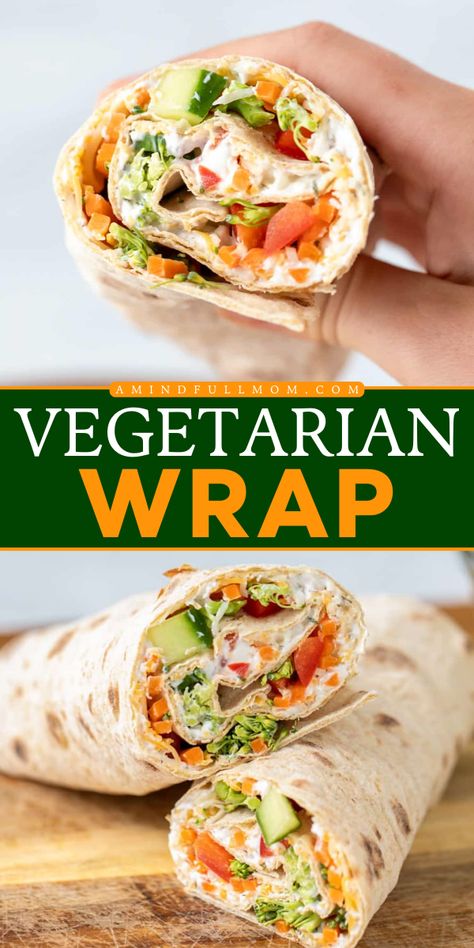 Looking for an easy school lunch idea? These Vegetarian Wraps are made with fresh, crisp vegetables, a thick, homemade ranch spread, and sharp shredded cheese. It also makes a simple back-to-school recipe for the kids! To Go Vegetarian Lunch, Easy Vegetarian School Lunch Ideas, Vegan Veggie Wraps, Roasted Vegetable Wrap, Wraps For Lunch Vegetarian, Lunch Ideas Without Meat, Easy Vegetarian Lunches For Work, Vegetable Lunch Ideas, Vegetarian Wraps Recipes