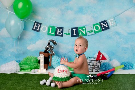 golf themed first birthday cake smash photoshoot Golf Cake Smash Photography, Golf Themed Smash Cake Photoshoot, Hole In One Smash Cake Photos, One Year Old Golf Photoshoot, Hole In One First Birthday Pictures, Hole In One First Birthday Cake Smash, Hole In One Cake Smash, Hole In One Photo Shoot, Hole In One First Birthday Photo Shoot