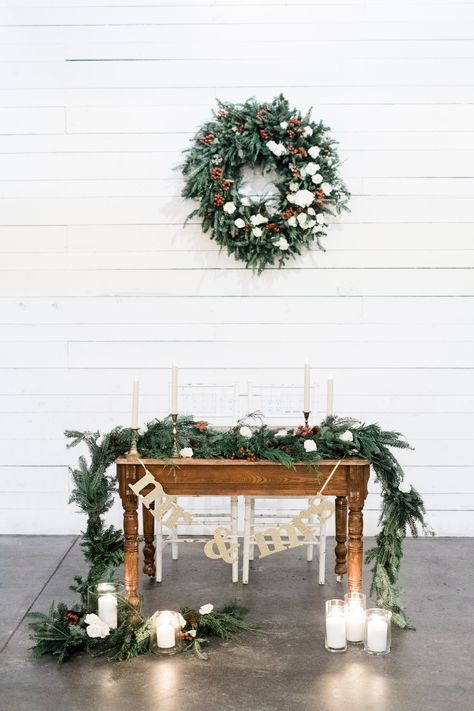 Christmas Sweet Heart Table Wedding, Winter Alter Decorations, Winter Bride And Groom Table, Winter Wedding Gift Table, Christmas Wedding Mantle Decor, Head Table Winter Wedding, December Wedding Sweetheart Table, Christmas Bride And Groom Table, Bride And Groom Table Christmas