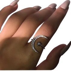 Aesthetic Rings, Moon And Star Ring, Moon Ring, Rhinestone Ring, Star Ring, Fashion Ring, Cute Rings, Rings Simple, Morganite