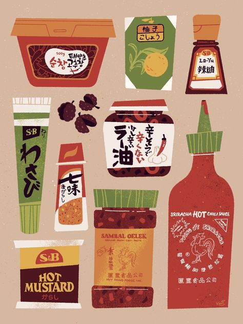 Asian Condiments, Veggie Art, Hot Chili Sauce, Food Inc, Pantry Essentials, Big Cities, Chili Oil, Spicy Sauce, Fun Illustration