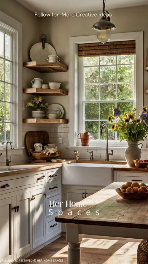 Step into the heart of your home with farmhouse kitchen ideas that embrace rustic charm and timeless design. Whether you're renovating or just looking for inspiration, explore ways to incorporate farmhouse kitchen staples like shiplap walls, butcher block countertops, and farmhouse sinks. Create a cozy, welcoming space where family and friends will love to gather, and bring the beauty of a farmhouse kitchen to life in your own home. Kitchen With Shelves Instead Of Cabinets Farmhouse, Kitchen With Shelves Above Sink, Narrow Farmhouse Kitchen, Farmhouse Kitchen Open Shelving Ideas, Modern Vintage Kitchen Ideas, Farmhouse Kitchen With Open Shelving, Rustic Open Shelving Kitchen, Kitchen With Shelves Instead Of Cabinets, Styling Open Shelves In Kitchen