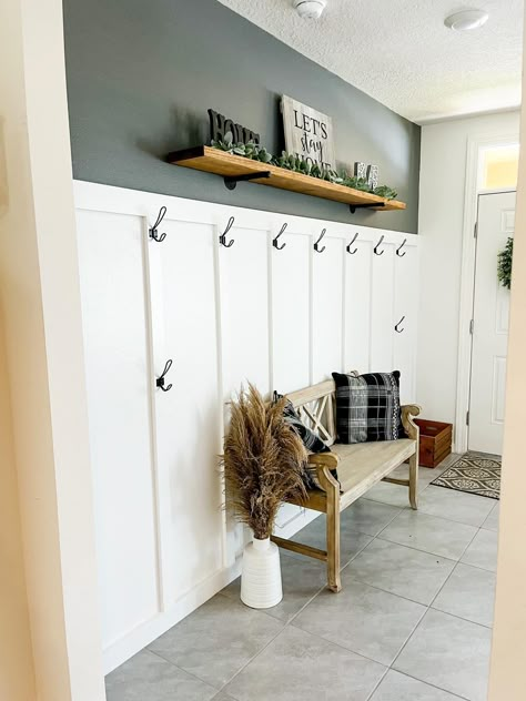 Shiplap With Hooks Entry, Laundry Room Wall With Hooks, Shiplap Wall In Laundry Room, Shiplap Wall With Hooks, Entryway Shiplap Wall, Shiplap Coat Rack, Coat Rack Wall Entryway, Beadboard Half Wall, Wall With Hooks