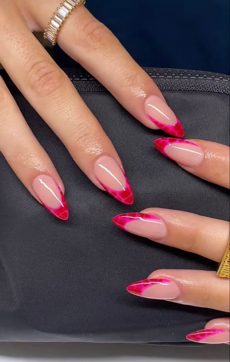 Pink Red Tip Nails, Summer Nails Almond Long, Red Nail Set Almond, Pink And Red Summer Nails, Colourful Almond Nails, Fuchsia French Tip Nails, Dark Pink Tip Nails, Pink And Red Almond Nails, Summer Acrylic Nails Almond Pink