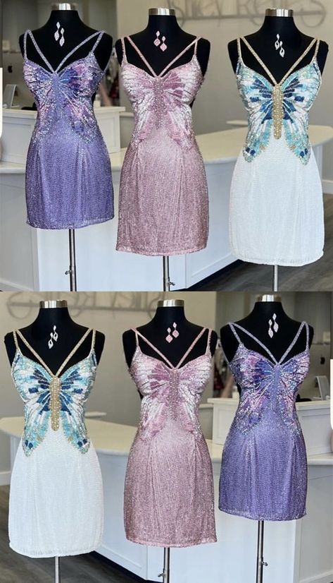 butterfly hoco mini dress Disney Hoco Dresses, Homecoming Dresses Butterfly, Hoco Dresses Butterfly, Crazy Hoco Dresses, Butterfly Mini Dress, Butterfly Hoco Dress, Butterfly Homecoming Dress, Homecoming Barbie, Butterfly Dresses