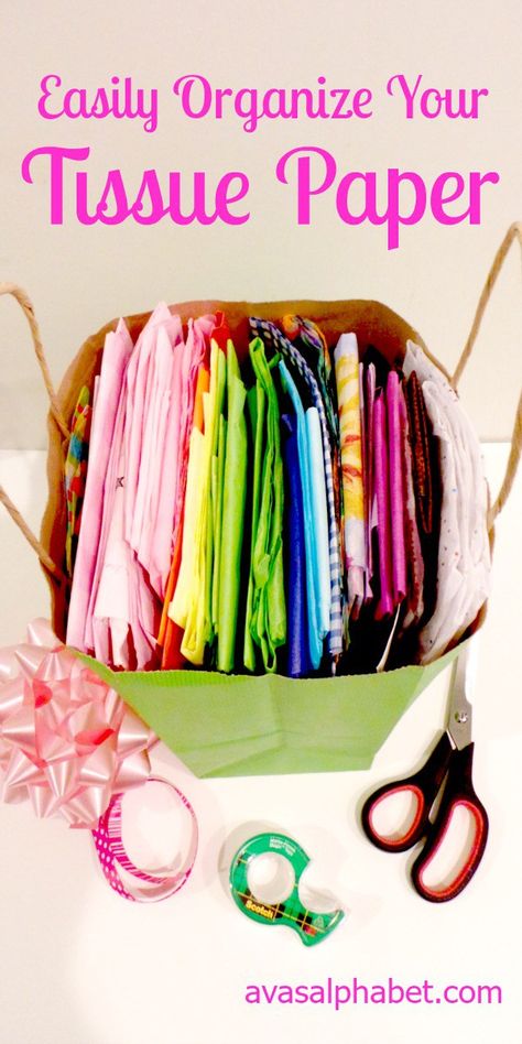 Easily Organize Your Tissue Paper!  Do you save and reuse tissue paper from gift wrapping?  Check out this simple storage solution that will get your tissue paper stash organized in no time! Paper Storage Ideas, Tissue Paper Storage, Gift Bag Organization, Gift Bag Storage, Scrapbook Rooms, Paper Clutter Organization, Gift Wrap Organization, Peg Boards, Wrapping Paper Storage