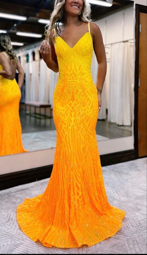 Bright Prom Dress, Train Skirt, Prom 23, Neon Prom Dresses, Orange Prom Dresses, Prom Dress Inspo, Prom Inspo, Cute Homecoming Dresses, Prom Dresses Yellow