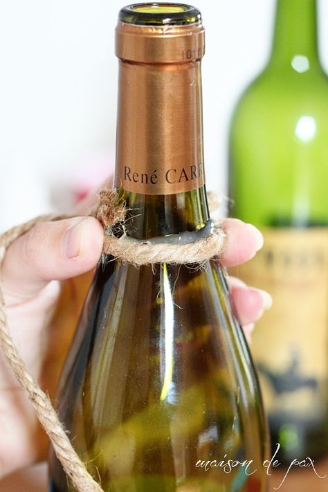 Twine Wrapped Bottles - Maison de Pax Twine Wrapped Bottles, Wrapped Bottles, Wine Bottle Tiki, Wrapped Wine Bottles, Easy Diy Home Decor, Wine Bottle Carrier, Glass Bottle Diy, Wine Gift Baskets, Cheap Wine