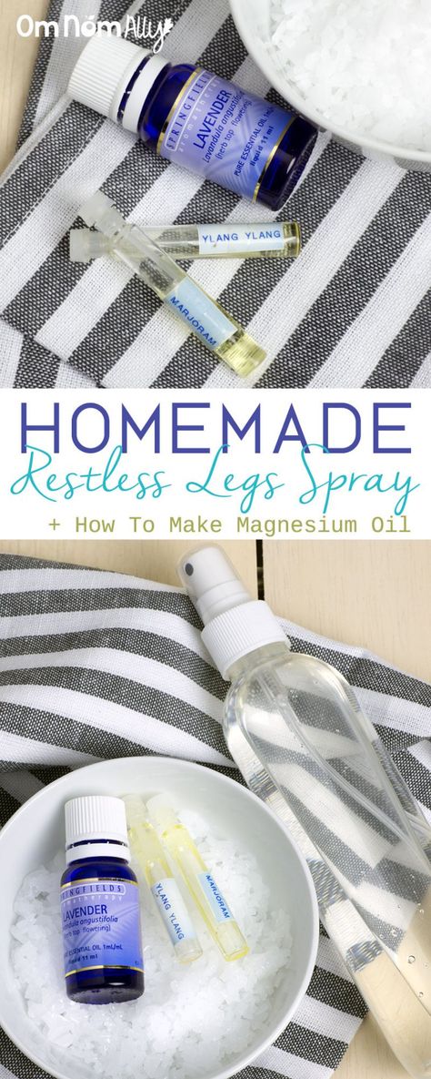 Homemade-Restless-Legsl-Magnesium-Spray-+-How-to-Make-Magnesium-Oil-@OmNomAlly4 Restless Leg Syndrome Essential Oils, Restless Leg Remedies, Cramp Relief, Magnesium Flakes, Magnesium Oil Spray, Restless Leg, Aching Legs, Magnesium Spray, Restless Legs