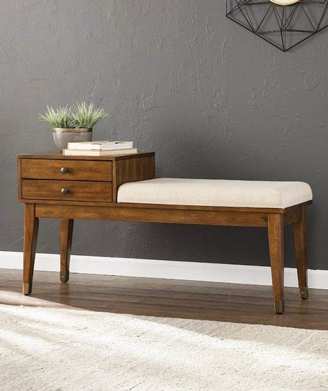 Telephone Mid Century Modern Bench – Wood Finish – Attached Upholstered Cushion Practical Entryway, White Oak Bench, Small Entryway Bench, Chic Entryway, Modern Wood Bench, Upholstered Entryway Bench, Diy Entryway Bench, Mid Century Bench, Mid Century Modern Bench