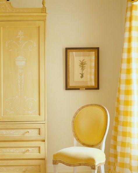 Mary-Douglas-Drysdale-yellow buffalo check Acorn Cottage, Swedish Gustavian Furniture, Swedish Architecture, Gustavian Furniture, Yellow Aesthetic Pastel, Yellow Cottage, Neoclassical Interior, Gustavian Style, Scandinavian Interiors