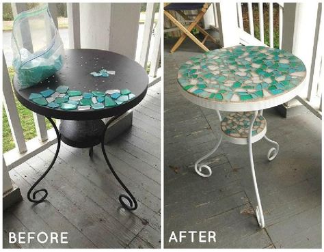 Patio Table Makeover - I love working on any little project that will enhance the look of the front porch. This metal side table was found at a yard sale for $2 and the bag of glass tiles was found at a thrift store for $3. My vision for this table became very clear pretty quickly. Patio Table Redo, Diy Patio Table, Round Patio Table, Mosaic Table, Table Makeover, Metal Side Table, Diy Makeover, Glass Tiles, Broken Glass