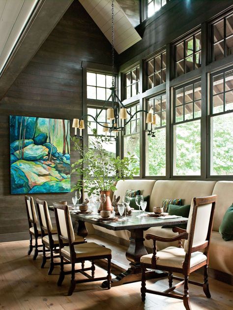 Add Character with Salvage Materials Cottage Ranch, Built In Banquette, Heart Pine Flooring, Lake House Kitchen, Stylish Dining Room, House Dining Room, Ranch Decor, Pine Floors, Up House