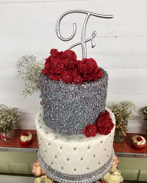 Silver & red wedding cake with bling flowers & quilted fondant Quince Red Cake Ideas, Quince Cakes Red And White, Red Debut Cake, Quince Cakes Red And Silver, Wedding Cake Dark Red, Red Birthday Cakes, Bling Party, Two Layer Cakes, Ivory Wedding Cake