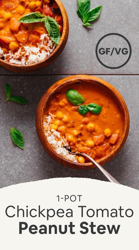 EASY 1-Pot Chickpea Tomato Peanut Stew (West-African Inspired)! Creamy, flavorful, and SO comforting! #soup #chickpea #peanutbutter #minimalistbaker #recipe #plantbased #glutenfree Chickpea Tomato, African Peanut Stew, Dairy Free Soup, Peanut Stew, Comforting Soup, Minimalist Baker, African Food, Vegan Dinners, African Inspired